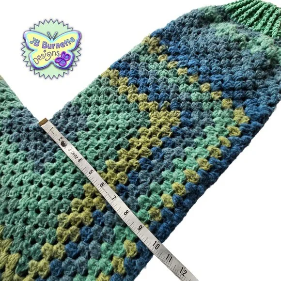 Handmade Oversize Crochet Cardigan Green Blue Warm Sweater, BOHO Granny Squares - Picture 12 of 15